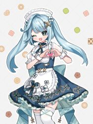 Rule 34 | 1girl, ;d, alternate costume, apron, aqua hair, blunt bangs, commentary, cookie, english commentary, enmaided, faruzan (cafe) (genshin impact), faruzan (genshin impact), food, frilled apron, frilled skirt, frills, full body, genshin impact, green eyes, hair ornament, heart, heart hands, highres, long hair, looking at viewer, maid, maid apron, maid headdress, miyako draw, moe moe kyun!, one eye closed, open mouth, short sleeves, sidelocks, simple background, skirt, smile, solo, symbol-shaped pupils, thighhighs, twintails, white background, white thighhighs, wrist cuffs, x hair ornament, zettai ryouiki
