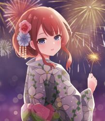 Rule 34 | 1girl, aerial fireworks, assault lily, blue eyes, blurry, blurry background, brown hair, commentary request, fireworks, floral print, flower, from behind, grey flower, grey kimono, hair bun, hair flower, hair ornament, hand up, highres, holding, holding fireworks, japanese clothes, kaede johan nouvel, kimono, light blush, long sleeves, looking at viewer, looking back, medium hair, night, official alternate costume, official alternate hairstyle, outdoors, parted lips, piatin, pink flower, print kimono, senkou hanabi, sidelocks, single hair bun, smile, solo, sparkler, standing, upper body, yukata