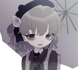 Rule 34 | 1girl, backpack, bag, beret, commentary request, flower, grey eyes, grey hair, hair flower, hair ornament, hat, hatoba tsugu, highres, jacket, looking at viewer, rose, shinonome (delus1on), short hair, smile, solo, tsugu (vtuber), virtual youtuber, white flower, white rose