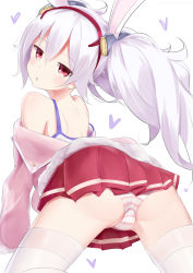 Rule 34 | 1girl, animal ears, ass, azur lane, chestnut mouth, commentary request, expressionless, fake animal ears, from behind, headband, heart, highres, jacket, jitome, laffey (azur lane), lemonolemone, light purple hair, looking at viewer, miniskirt, off shoulder, panties, partial commentary, pleated skirt, red eyes, red skirt, shoulder blades, sidelocks, simple background, skirt, solo, striped clothes, striped panties, thighhighs, twintails, underwear, white background, white thighhighs