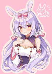 Rule 34 | 1girl, animal ear fluff, animal ears, bare shoulders, blush, bow, breasts, cleavage, cleavage cutout, clothing cutout, commentary request, dress, hair bow, hair ornament, heart, himesaki yuzuru, large breasts, long hair, looking at viewer, mole, mole under eye, noripro, orange eyes, pink background, pink bow, purple hair, rabbit ears, rabbit hair ornament, simple background, smile, solo, striped, striped bow, sumisaki yuzuna, twintails, virtual youtuber, white dress