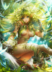 Rule 34 | 1girl, aqua eyes, blue butterfly, blurry, blurry background, blurry foreground, breasts, bug, butterfly, character request, commentary, copyright request, depth of field, fantasy, flower, glowing, grass, green hair, hair flower, hair ornament, bug, large breasts, leaf, lips, long hair, monster girl, nature, nguy thuy ngan, outdoors, plant, pointy ears, sitting, solo, underboob, vines