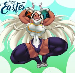 Rule 34 | 1girl, absurdres, animal ears, arms up, black thighhighs, blue background, boku no hero academia, breasts, cameltoe, covered navel, dark-skinned female, dark skin, easter, easter egg, egg, eyes visible through hair, female focus, full body, gloves, gluteal fold, grey background, highres, kyelyn, large breasts, leotard, long hair, looking at viewer, mirko, open mouth, rabbit ears, red eyes, silver hair, smile, solo, spread legs, squatting, teeth, thick thighs, thighhighs, thighs, white gloves