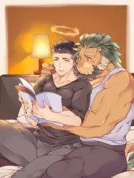 Rule 34 | 2boys, animal ears, arsalan (tokyo houkago summoners), bara, beard, black hair, black shirt, blonde hair, blouse, blush, book, brown fur, bulge, casual, contemporary, couple, facial hair, fingernails, furry, furry male, furry with non-furry, green hair, grey tank top, halo, hand on another&#039;s face, highres, hug, hug from behind, interspecies, lamp, large pectorals, leaning back, leaning on person, lion boy, lion ears, male focus, medium hair, multicolored hair, multiple boys, muscular, open book, pants, pectorals, reading, red eyes, sharp fingernails, shirt, short hair, sitting, stubble, tank top, thick thighs, thighs, tokyo houkago summoners, two-tone hair, wafu (youzora samo18), yaoi, yellow eyes, zabaniyya (housamo)