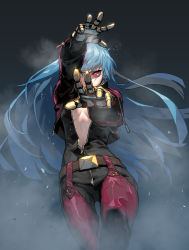 Rule 34 | 1girl, absurdres, belt, black background, blue hair, bodysuit, breasts, cleavage, cowboy shot, cropped jacket, floating hair, foreshortening, glint, gogalking, highres, jacket, kula diamond, long hair, long sleeves, looking at viewer, medium breasts, metal gloves, midriff, no bra, open clothes, open jacket, outstretched arms, partially unzipped, red eyes, simple background, smoke, solo, the king of fighters, thigh gap