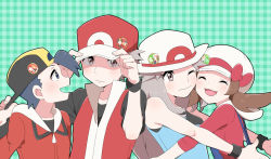 Rule 34 | 2boys, 2girls, :d, backwards hat, bad id, bad pixiv id, baseball cap, black wristband, blue shirt, bow, brown eyes, brown hair, bucket hat, cabbie hat, closed eyes, closed mouth, commentary request, creatures (company), ethan (pokemon), eyelashes, game freak, hair flaps, hands on headwear, hat, hat bow, highres, jacket, leaf (pokemon), long hair, long sleeves, lyra (pokemon), multiple boys, multiple girls, nintendo, one eye closed, open mouth, pokemon, pokemon frlg, pokemon hgss, pumpkinpan, red (pokemon), red bow, red headwear, red jacket, red shirt, shirt, short hair, sleeveless, sleeveless shirt, smile, spiked hair, tongue, twintails, white headwear, wristband