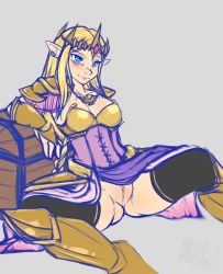 Rule 34 | 1girl, armor, armored dress, black thighhighs, blonde hair, blue eyes, blush, braid, breasts, cleavage, cleft of venus, clitoris, clothing aside, crown, earrings, exhibitionism, faulds, forehead jewel, greaves, hyrule warriors, inuki, jewelry, lips, loincloth, long hair, nintendo, no panties, pauldrons, pectorals, pelvic curtain, pelvic curtain aside, pointy ears, princess zelda, public indecency, pussy, shoulder armor, simple background, sitting, smile, solo, spread legs, the legend of zelda, thighhighs, thighs, treasure chest, uncensored, underbust, vambraces