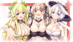 Rule 34 | 3girls, asymmetrical docking, azur lane, bare shoulders, between breasts, black dress, black ribbon, blonde hair, blue eyes, blush, breast press, breasts, center opening, chain, character name, cleavage, detached collar, dress, formidable (azur lane), frilled dress, frills, gold chain, gold trim, gothic lolita, hair ribbon, hand on own chest, hat, highres, illustrious (azur lane), imori neko, lace-trimmed headwear, lace trim, large breasts, laurel crown, light brown hair, lolita fashion, long hair, looking at viewer, multiple girls, neckwear between breasts, open mouth, red eyes, ribbon, simple background, sleeveless, sleeveless dress, smile, strapless, strapless dress, sun hat, tress ribbon, tri tails, twintails, two-tone dress, two-tone ribbon, victorious (azur lane), white background, white dress, white headwear, white neckwear, wrist ribbon