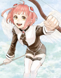 Rule 34 | 00s, 1girl, angel wings, bomssp, boots, bow, bow (weapon), hair ornament, long sleeves, m.o.m.o., open mouth, pink hair, short hair, smile, solo, thigh boots, thighhighs, weapon, wings, xenosaga, yellow eyes