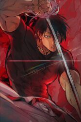 Rule 34 | 1boy, black hair, covered abs, feet out of frame, fighting stance, fushiguro touji, glint, hair between eyes, highres, holding, holding sword, holding weapon, jujutsu kaisen, lailu, lens flare, looking at viewer, male focus, mature male, raised eyebrow, red background, sanpaku, scar, scar on face, scar on mouth, serious, shirt, short hair, slit pupils, solo, sword, sword in front of face, t-shirt, thick eyebrows, weapon