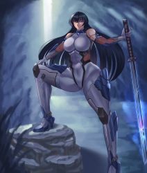 Rule 34 | 1girl, absurdres, bare shoulders, black hair, blue eyes, breasts, clenched teeth, full body, highres, huge breasts, igawa asagi, long hair, looking at viewer, pershiva, solo, standing, sword, taimanin (series), taimanin asagi, taimanin asagi 3, teeth, thick thighs, thighs, weapon