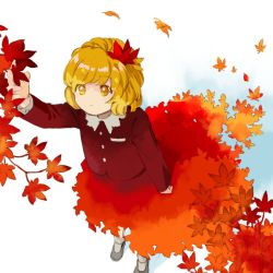 Rule 34 | 1girl, aki shizuha, arm up, autumn leaves, black footwear, blonde hair, branch, closed mouth, commentary, dutch angle, expressionless, gradient skirt, hair ornament, kaigen 1025, leaf, leaf hair ornament, long sleeves, maple leaf, orange skirt, reaching, reaching towards viewer, red shirt, red skirt, shirt, short hair, simple background, skirt, solo, standing, touhou, white background, white legwear, yellow eyes