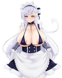 Rule 34 | 1girl, absurdres, areola slip, azur lane, belfast (azur lane), braid, breasts, breasts out, cleavage, french braid, highres, huge breasts, large areolae, maid, micro bikini top, rinne pai, simple background, solo, white background, white hair
