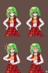Rule 34 | 1girl, alphes (style), ascot, blush, breasts, dress shirt, embarrassed, empty eyes, female focus, green hair, hands on own hips, highres, kaoru (gensou yuugen-an), kazami yuuka, long sleeves, looking at viewer, no eyes, open mouth, parody, plaid, plaid skirt, red eyes, shirt, short hair, skirt, smile, solo, style parody, ^^^, touhou, vest, yandere