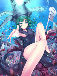 Rule 34 | 1girl, :o, bare legs, black dress, curly hair, destruction, dress, green eyes, green hair, highres, kasai shin, legs, looking at viewer, matching hair/eyes, one-punch man, outstretched hand, psychic, road sign, shoes, short hair, sign, sky, solo, tatsumaki, telekinesis, traffic light