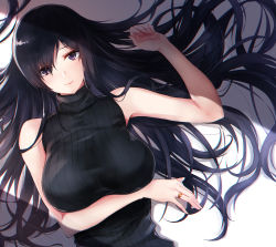Rule 34 | 1girl, alice gear aegis, arm under breasts, bare shoulders, black eyes, black hair, black sweater, breast hold, breasts, closed mouth, commentary request, fingernails, hair between eyes, hand on own stomach, highres, jewelry, kagome misaki, large breasts, lips, long hair, long sleeves, looking at viewer, lying, mole, mole under eye, on back, puru (ex-150), resolution mismatch, ribbed sweater, ring, shade, sidelocks, sleeveless, sleeveless sweater, sleeveless turtleneck, smile, solo, source larger, sweater, turtleneck, turtleneck sweater, very long hair