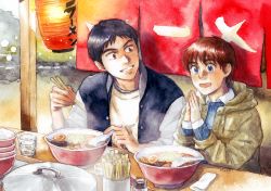 Rule 34 | 1boy, 1girl, black hair, blue eyes, bowl, brown eyes, casual, cup, food, grin, hood, hooded jacket, izumi noa, jacket, kidou keisatsu patlabor, lantern, letterman jacket, looking at another, looking to the side, noodles, noren, own hands together, painting (medium), paper lantern, pot, ramen, red hair, restaurant, shinohara asuma, short hair, signature, sitting, smile, texture, traditional media, ususionorisio, watercolor (medium), winter clothes
