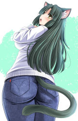 Rule 34 | 1girl, animal ears, ass, black hair, blush, breasts, brown eyes, cat ears, cat tail, denim, from behind, huge ass, jeans, large breasts, long hair, looking back, open mouth, original, pants, sideboob, sweater, tail, tonpuu, turtleneck, wide hips