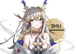 Rule 34 | 1girl, arknights, bare shoulders, cai ling, character name, choker, grey eyes, grey hair, grin, hair intakes, highres, horns, jewelry, long hair, looking at viewer, necklace, off shoulder, pointy ears, shu (arknights), smile, solo, strapless, tube top, upper body, very long hair