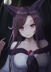 Rule 34 | 1girl, animal ears, bare shoulders, breasts, brooch, brown hair, closed mouth, dress, full moon, head tilt, highres, imaizumi kagerou, inushida (dogsheepsheep), jewelry, large breasts, lips, long hair, looking at viewer, moon, night, red eyes, smile, solo, touhou, upper body, white dress, wolf ears