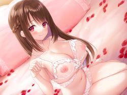 Rule 34 | 1girl, arm under breasts, bare shoulders, bed, bed sheet, blush, bra, braid, breast hold, breasts, brown hair, cleavage, closed mouth, collarbone, fingernails, french braid, frilled bra, frilled panties, frills, front-tie bra, hair intakes, hand up, highres, indoors, itsuki jun, large breasts, long hair, looking at viewer, midriff, nail polish, navel, nipples, on bed, original, panties, petals, pillow, pink nails, red eyes, see-through, sidelocks, sitting, skindentation, smile, solo, spaghetti strap, stomach, underwear, white bra, white panties