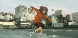 Rule 34 | 1girl, architecture, bad id, bad twitter id, black shorts, blush, brown eyes, brown hair, car, cloud, cloudy sky, day, lamppost, lm7 (op-center), long sleeves, motor vehicle, open mouth, original, outdoors, parking lot, puddle, red shirt, shirt, shoes, shorts, sky, sneakers, socks, solo, standing, standing on one leg, striped clothes, striped socks