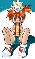 Rule 34 | 1girl, 4528, :d, asymmetrical hair, creatures (company), denim, denim shorts, fang, flat chest, game freak, gen 2 pokemon, green eyes, gym leader, legs, looking at viewer, misty (pokemon), navel, nintendo, open mouth, orange hair, pokemon, pokemon (anime), pokemon (classic anime), pokemon (creature), ponytail, shirt, shoes, short shorts, shorts, sitting, smile, sneakers, suspenders, togepi