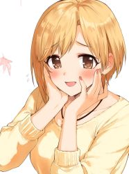 Rule 34 | 1girl, :d, aiba yumi, asymmetrical hair, blonde hair, blush, breasts, brown eyes, collarbone, commentary request, commission, flying sweatdrops, furrowed brow, goshiki suzu, hands on own cheeks, hands on own face, happy, highres, idolmaster, idolmaster cinderella girls, jewelry, leaf, long sleeves, looking at viewer, maple leaf, medium breasts, nail polish, necklace, open mouth, orange nails, parted bangs, short hair, simple background, smile, solo, sweater, upper body, white background, yellow sweater