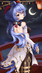 Rule 34 | 1girl, absurdres, ahoge, back, backless outfit, black pantyhose, blue hair, blush, bow, breasts, crescent moon, detached sleeves, from behind, ganyu (genshin impact), genshin impact, gold trim, highres, horns, long hair, looking at viewer, looking back, medium breasts, milira, moon, night, open mouth, pantyhose, purple eyes, solo, standing, thighlet, waist cape, white sleeves
