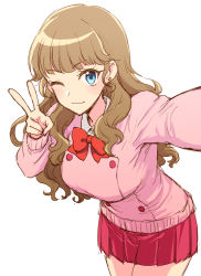 Rule 34 | 1girl, ;), blue eyes, blunt bangs, blush, bow, bowtie, breasts, buttons, collar, collared shirt, cowboy shot, crescent, crescent earrings, double-breasted, earrings, hair over shoulder, ichigo junior high uniform, jewelry, large breasts, leaning forward, light brown hair, long hair, looking at viewer, mewkledreamy, one eye closed, open mouth, pink skirt, pink sweater, pleated skirt, reaching, reaching towards viewer, red bow, red button, red neckwear, sbs, selfie, shirt, simple background, sketch, skirt, smile, sweater, tsukishima maira, v, wavy hair, white background, white collar, white shirt