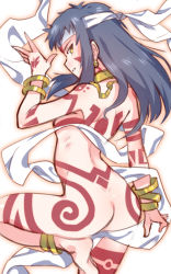 Rule 34 | 1girl, anklet, ass, back, bandages, barefoot, blue hair, blush, bodypaint, bracelet, choker, commentary request, earrings, em (totsuzen no hakike), from behind, headband, jewelry, long hair, looking at viewer, looking back, naked paint, neo ranga, nude, shimabara yuuhi, simple background, smile, solo, standing, standing on one leg, tattoo, tribal, yellow eyes
