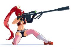 Rule 34 | 1girl, aiming, anti-materiel rifle, asymmetrical gloves, bare shoulders, belt, bikini, bikini top only, black bikini, black gloves, black shorts, boots, breasts, cleavage, commentary, elbow gloves, flame print, full body, gloves, groin, gun, hair between eyes, hair ornament, hair stick, highres, holding, holding gun, holding weapon, knee boots, kneeling, large breasts, long hair, navel, on one knee, pink thighhighs, ponytail, red hair, rifle, scarf, scope, shadow, short shorts, shorts, sidelocks, simple background, single elbow glove, skindentation, skull hair ornament, sniper rifle, solace, solo, stomach, studded belt, swimsuit, tengen toppa gurren lagann, thighhighs, trigger discipline, weapon, white background, white footwear, yellow eyes, yoko littner
