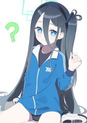 Rule 34 | ?, alternate costume, aris (blue archive), blue archive, blue eyes, blue hair, breasts, buruma, commentary request, dark blue hair, gym uniform, hair between eyes, halo, headband, highres, jacket, long hair, sasai nakoto, seiza, shoes, simple background, sitting, small breasts, track jacket, very long hair, white background