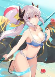 Rule 34 | 100, 100percent park, 1girl, absurdres, ball, bare shoulders, beach, beachball, bikini, black kimono, blue bikini, blush, bow, breasts, cleavage, closed mouth, collarbone, commentary request, day, dragon girl, dragon horns, fate/grand order, fate (series), flower, grey hair, hair between eyes, hair bow, hair ornament, hibiscus, highres, horns, japanese clothes, kimono, unworn kimono, kiyohime (fate), kiyohime (fate/grand order), kiyohime (swimsuit lancer) (fate), kiyohime (swimsuit lancer) (third ascension) (fate), long hair, looking at viewer, medium breasts, navel, polearm, ponytail, red eyes, sandals, sidelocks, smile, solo, swimsuit, thighs, weapon, yellow bow