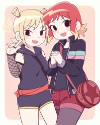 2girls :d bag black_eyes black_pantyhose blonde_hair blush double_bun hair_bun hana_no_yo highres hood hood_down hoodie jacket looking_at_viewer multicolored_hair multiple_girls official_style open_clothes open_jacket open_mouth pantyhose ramona_flowers red_hair roxie_richter scott_pilgrim_(series) scott_pilgrim_takes_off shorts shoulder_bag sleeveless sleeveless_hoodie smile star_(symbol) two-tone_hair