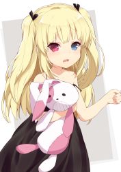 Rule 34 | 1girl, bare shoulders, black dress, blonde hair, blue eyes, blush, boku wa tomodachi ga sukunai, collarbone, commentary request, dress, hasegawa kobato, heterochromia, highres, jampen, long hair, open mouth, red eyes, solo, stuffed animal, stuffed rabbit, stuffed toy, twintails, two side up