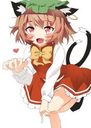 Rule 34 | 1girl, :d, animal ear fluff, animal ears, bad hand, blush, bow, bowtie, brown hair, cat ears, cat tail, chen, dress, earrings, fang, foot out of frame, gold trim, hat, heart, jewelry, looking at viewer, mob cap, multiple tails, nekomata, one-hour drawing challenge, open mouth, polpol, red dress, red eyes, short hair, simple background, single earring, sketch, smile, solo, standing, standing on one leg, tail, touhou, two tails, white background, yellow bow, yellow bowtie