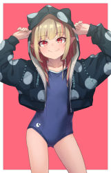 Rule 34 | 1girl, arms up, blue one-piece swimsuit, blush, border, collarbone, competition school swimsuit, cowboy shot, cropped jacket, fang, flat chest, grey hair, highres, hood, hood up, hooded jacket, jacket, long hair, long sleeves, looking at viewer, makaino ririmu, multicolored hair, nijisanji, one-piece swimsuit, open clothes, open jacket, pink hair, pointy ears, red eyes, sabamen, school swimsuit, simple background, skin fang, smile, solo, streaked hair, swimsuit, two-tone hair, virtual youtuber, white border