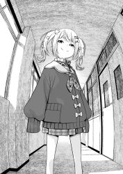 Rule 34 | 1girl, cardigan, closed mouth, commentary, doyagao, fisheye, flower, frilled shirt collar, frills, from below, greyscale, hair flower, hair ornament, hairclip, hallway, hatching (texture), highres, hololive, indoors, linear hatching, looking at viewer, looking down, medium hair, miniskirt, momosuzu nene, momosuzu nene (casual), monochrome, neckerchief, official alternate costume, official alternate hair length, official alternate hairstyle, plaid, plaid neckerchief, plaid skirt, pleated skirt, rainna, sailor collar, school, skirt, sleeves past fingers, sleeves past wrists, smile, smug, solo, twintails, virtual youtuber