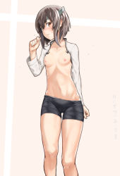 Rule 34 | 10s, 1girl, arm at side, bare legs, bike shorts, blouse, blush, breasts, brown eyes, brown hair, cameltoe, closed mouth, collarbone, cowboy shot, embarrassed, flying sweatdrops, hand up, headband, headgear, highres, hip bones, kantai collection, knees, long sleeves, looking at viewer, navel, nipples, no bra, no shirt, open clothes, open shirt, ponderogen, ribs, shirt, short hair, skindentation, small breasts, solo, standing, stomach, taihou (kancolle)