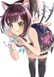 Rule 34 | 1girl, absurdres, animal ear fluff, animal ears, bare arms, bare shoulders, black thighhighs, blush, breasts, cat ears, cat girl, cat tail, closed mouth, dress, fang, frills, green eyes, highres, holding, holding spoon, karyl (princess connect!), leaning forward, looking at viewer, medium breasts, multicolored hair, princess connect!, red hair, sanada keisui, shirt, skin fang, sleeveless, sleeveless shirt, solo, spoon, streaked hair, tail, tail wagging, thighhighs, v-shaped eyebrows, white hair, white shirt, zettai ryouiki