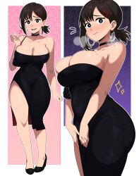 1girl absurdres bare_shoulders black_hair breasts chainsaw_man choker collarbone dress earrings high_heels highres jewelry large_breasts looking_at_viewer postblue98 solo