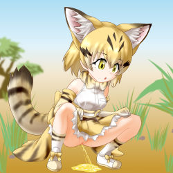 Rule 34 | 1girl, animal ears, censored, highres, kemono friends, no panties, open mouth, outdoors, peeing, puddle, pussy, sand cat (kemono friends), solo, squatting, tail, tokonoma (artist)