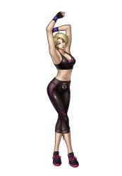 Rule 34 | 1girl, alternate costume, armpits, arms up, blonde hair, breasts, capri pants, fingerless gloves, full body, gloves, king (snk), crossed legs, leon (s-damianvencedor), lips, medium breasts, midriff, navel, pants, ryuuko no ken, shoes, short hair, sideboob, sneakers, solo, sports bra, standing, stretching, the king of fighters, very short hair, watson cross, white background, wristband