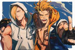 2boys :d alternate_costume arm_around_shoulder arm_tattoo asymmetrical_hair bandage_on_face bandages bare_pectorals black_gloves blonde_hair blush braces chest_tattoo closed_mouth cloud dog_tags ed_(street_fighter) fingerless_gloves gloves hair_over_one_eye highres hood hood_up hoodie looking_to_the_side luke_sullivan male_focus messy_hair multiple_boys muscular muscular_male open_mouth pectorals sleeveless sleeveless_hoodie smile star_(symbol) street_fighter street_fighter_6 street_fighter_v sweatdrop tattoo teeth tokireii v white_hoodie