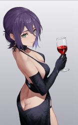 Rule 34 | 1girl, absurdres, alcohol, ass, back, bare shoulders, black choker, black dress, black gloves, breasts, butt crack, chainsaw man, choker, cleavage, collarbone, cup, dress, drid, drinking glass, elbow gloves, gloves, green eyes, grenade pin, hair bun, highres, large breasts, looking at viewer, purple hair, reze (chainsaw man), short hair, single hair bun, smile, solo, wine, wine glass