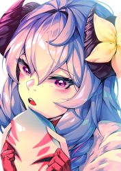 Rule 34 | 1girl, absurdres, ahoge, alternate hair color, alternate hairstyle, blue hair, blush, braid, curled horns, fingerless gloves, flower, gloves, hair between eyes, hair flower, hair ornament, highres, holding, holding mask, horns, kindred (league of legends), lamb (league of legends), league of legends, long hair, long sleeves, looking at viewer, lww3257, mask, unworn mask, official alternate costume, official alternate hairstyle, open mouth, purple eyes, purple hair, ribbon, sheep girl, side braid, simple background, single fingerless glove, solo, spirit blossom kindred, twin braids, twintails, white fur