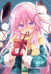Rule 34 | 1girl, adapted costume, aqua jacket, blush, box, casual, colored eyelashes, commentary request, contemporary, flower, fox mask, fur-trimmed sleeves, fur trim, hair between eyes, hata no kokoro, highres, holding, holding box, jacket, long hair, long sleeves, looking at viewer, mask, mask on head, maturiuta sorato, mouth hold, pink hair, plaid, plaid jacket, purple eyes, red flower, red rose, rose, scarf, sidelocks, solo, tassel, touhou, upper body, valentine, yellow scarf