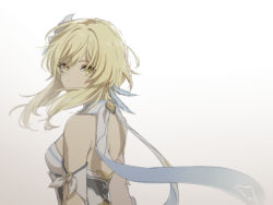 Rule 34 | 1girl, blonde hair, breasts, detached sleeves, dress, flower, genshin impact, gradient background, hair flower, hair ornament, head tilt, looking at viewer, lumine (genshin impact), mapogeso, medium breasts, short hair with long locks, simple background, solo, upper body, white dress, white flower, yellow eyes