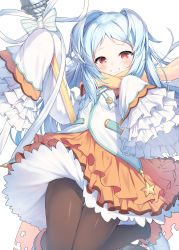 Rule 34 | 1girl, blue hair, blush, bow, brown eyes, brown pantyhose, brown scarf, brown skirt, commentary request, forehead, grin, highres, jacket, layered skirt, long hair, long sleeves, looking at viewer, miyako (princess connect!), pantyhose, parted bangs, pleated skirt, princess connect!, scarf, shoes, simple background, skirt, sleeves past fingers, sleeves past wrists, smile, solo, striped, striped bow, topia, two side up, very long hair, white background, white bow, white footwear, white jacket